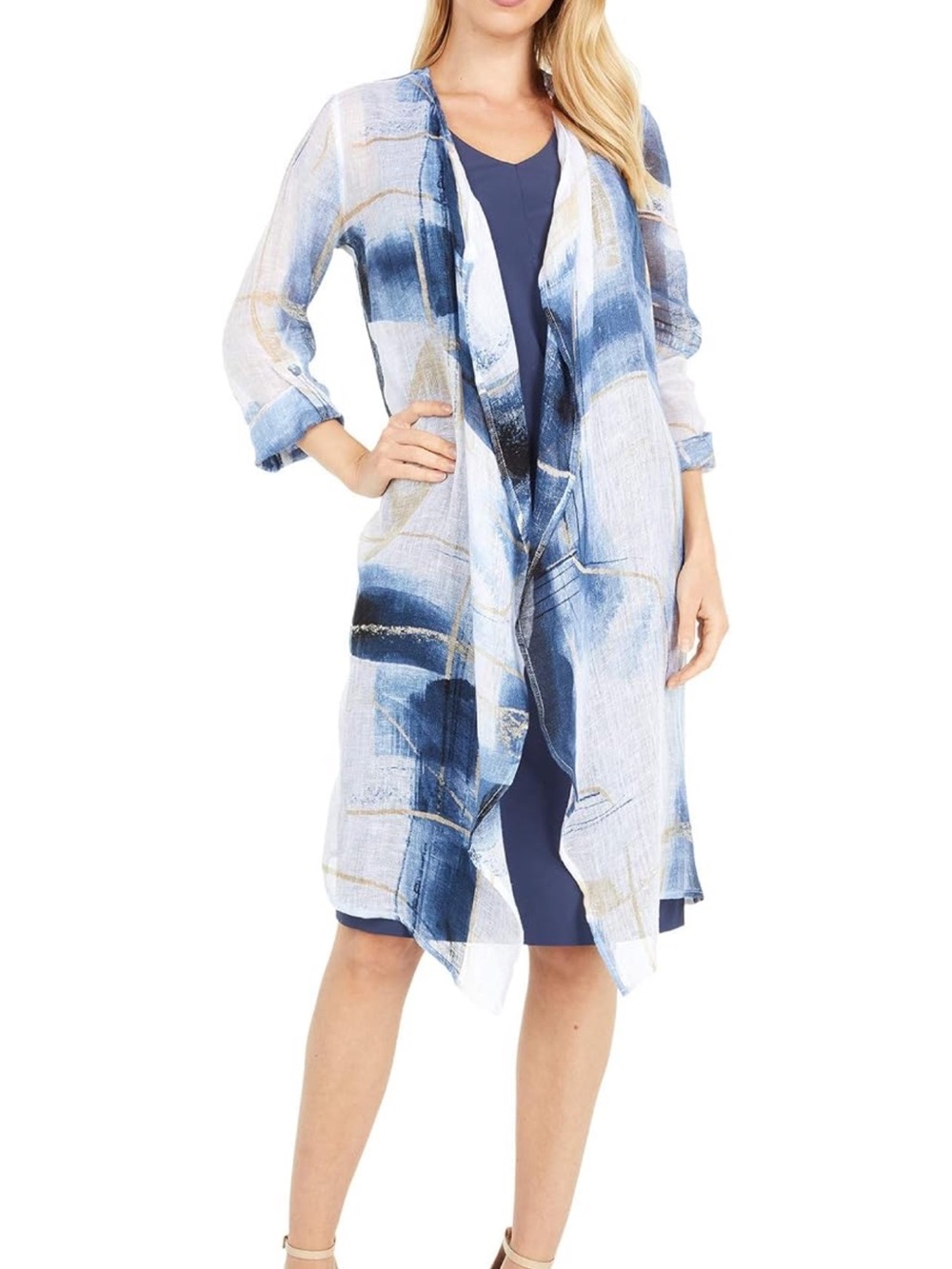 NIC+ZOE Abstract Grid Cardigan Duster lightweight open-front blue watercolor lux